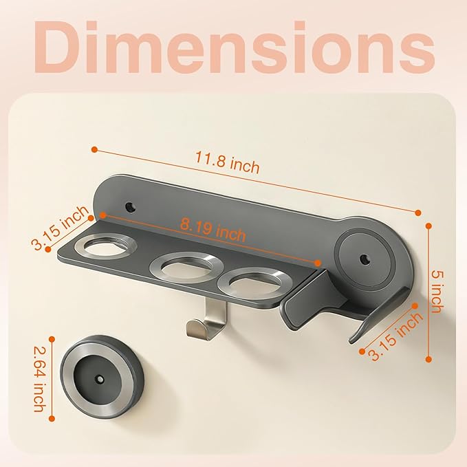 Hair Dryer Holder, Wall-Mounted Blow Dryer Holder, for Dyson Supersonic Nural Attachments, Metal, Gray