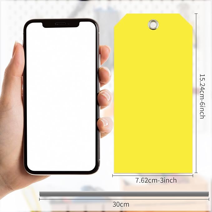 100 Large Yellow Plastic Shipping Tags - 3x6 inch, Heavy Duty, Waterproof, Writable, With String Attached