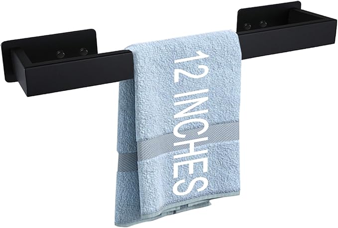 LANC Matte Black Hand Towel Rack 12-Inch Self-Adhesive Towel Bar for Bathroom Wall Mounted and No Drilling Towel Ring, Sticky on Bathroom Hand Towel Holder 304 Stainless Steel, A8310MB-L3