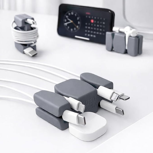 CordBrick Stocking Stuffers for Adults Cord Management Weighted Cord Holder Cable Wrap Phone Stand - Multiuse Gadget Organizer for Nightstand, Desk. Gift for Men, Durable Silicone. 6pk Gray