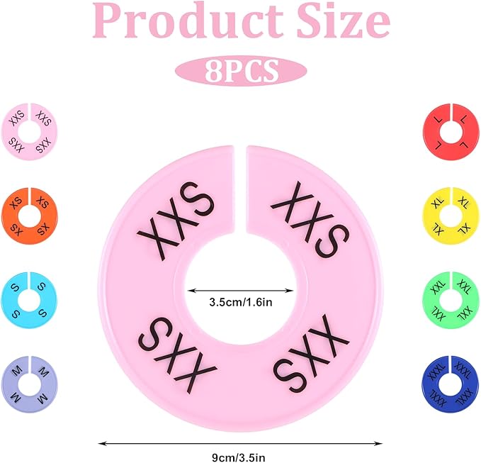 8 PCS Clothing Size Dividers, Closet Dividers for Hanging Clothes, Color Plastic Clothing Rack Size Divider Round Colorful Plastic Hanger Tags Reusable Clothes Divider for Racks in 8 Sizes 2XS - 3XL