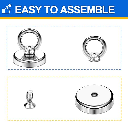 DIYMAG Magnetic Hooks, 60 Lbs(27 KG) Pulling Force Rare Earth Magnetics Hook with Countersunk Hole Eyebolt for Workplace, Home, Kitchen, Fishing, Office and Garage, Pack of 6, Silver, DIY-NJ25-6P