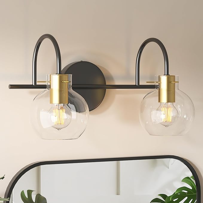 Modern Bathroom Vanity Light 2-Light Wall Sconce, Black & Gold Finish with Clear Glass Shades, Bathroom Light Fixtures Mirror Lighting for Kitchen, Bedroom, Hallway, – Easy Installation