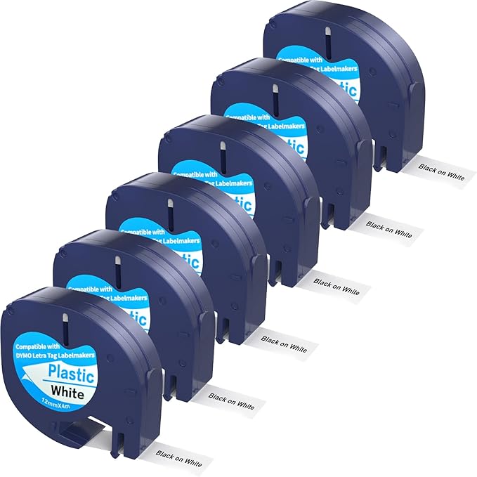 6 Pack Compatible with Dymo Letratag Refills 91201 91331 S0721660 Label Maker Tape White Plastic 12mm x 4m 1/2" x 13', Work with Dymo Letra Tag LT-100H LT-100T Plus 200B QX50 XR XM 2000