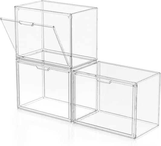 Clear Plastic Storage Bins - Acrylic Display Case with Magnetic Door, Purse Organizer for Closet: Stackable Display Box for Collectibles, Book, Cosmetic, Figures Showcase(3 Pack)