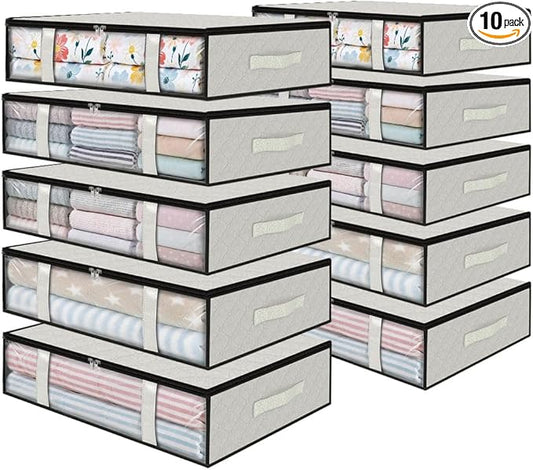 Under Bed Storage Bags 10 Pack, 40L Large Clothes & Comforter Storage Containers with Clear Window, Breathable Fabric Organizer for Blankets, Bedding, Seasonal Clothing, White