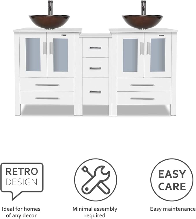 eclife 60" Modern Bathroom Vanity Sink Combo Freestanding Cabinet with Small Side Cabinet, Brown Round Glass Vessel Sink, Water Save Faucet, Drain (White+A09)