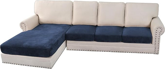 H.VERSAILTEX Velvet Stretch Sectional Couch Covers 4 Pieces Sofa Seat Cushion Covers L Shape Separate Cushion Couch Chaise Cover for Both Left/Right Couch (Large Sofa 3 Seater + 1 Chaise, Navy)
