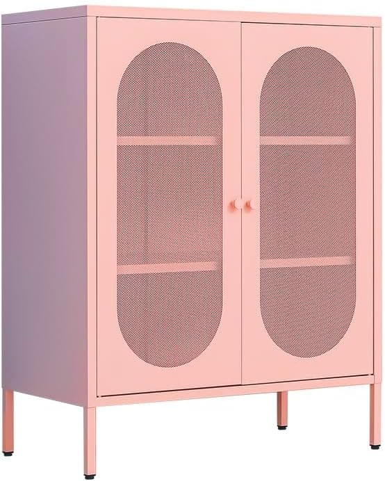 Pink Metal Locker Storage Accent Cabinets with 2 Adjustable Shelves, 3 Tier Metal Storage Cabinet with Legs, Steel Cupboard Lockers for Kids Bedroom, Home, Office, Entryway, Kitchen (Mash Door)