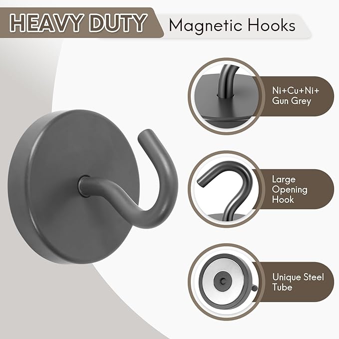 Neosmuk Magnetic Hooks, Heavy Duty 170lb Strong Magnets for Cruise Cabins, Ship Essentials, Large Metal Hooks for Hanging on Fridge(Grey,Pack of 4)