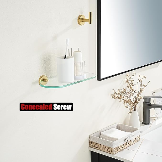 JQK Bathroom Glass Shelf Gold, Tempered Glass Shower Storage 12 by 5 inches, 304 Stainless Steel Brushed Gold Wall Mount, TGS121L12-BG