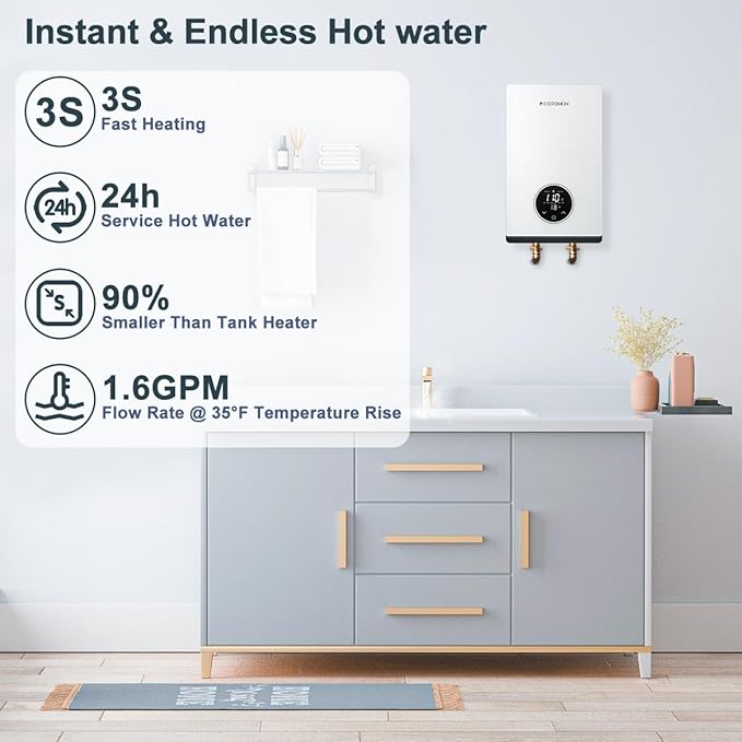 Tankless Hot Water Heater Electric, ECOTOUCH 8kW 240V Instant Water Heater Under Sink Point of Use Water Heaters on Demand with Self Modulating Technology ETL Certificated ECO80S White