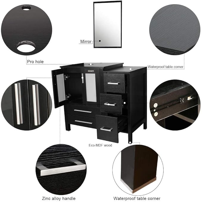 eclife 60" Modern Bathroom Vanity Sink Combo Freestanding Cabinet with Small Side Cabinet, White Shell Ceramic Vessel Sink, Water Save Faucet, Drain (Black+T54)