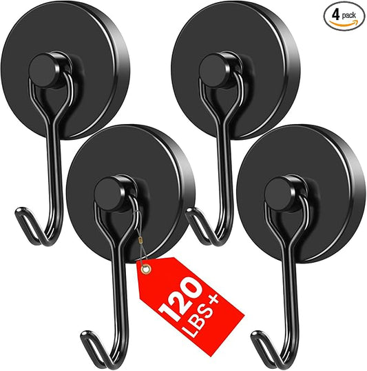 MIKEDE Black Magnetic Hooks Heavy Duty, 120LB Swivel Swing Strong Magnetic Hooks Cruise,Neodymium Hook Magnets for Hanging, Home, Workplace, Metal Door, Office and Garage - Pack of 4