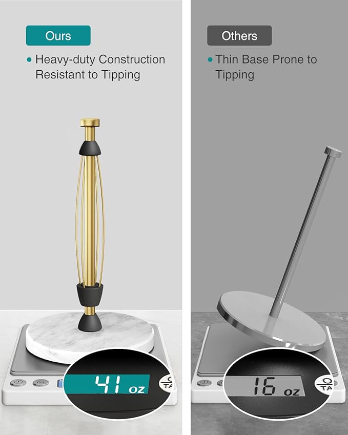 Marble Paper Towel Holder Countertop, Gold, Stainless Steel, One-Handed Tear, Freestanding Paper Towel Stand Rack with Ratchet Mechanism for Kitchen Toilet Bathroom Essentials Decor Accessories