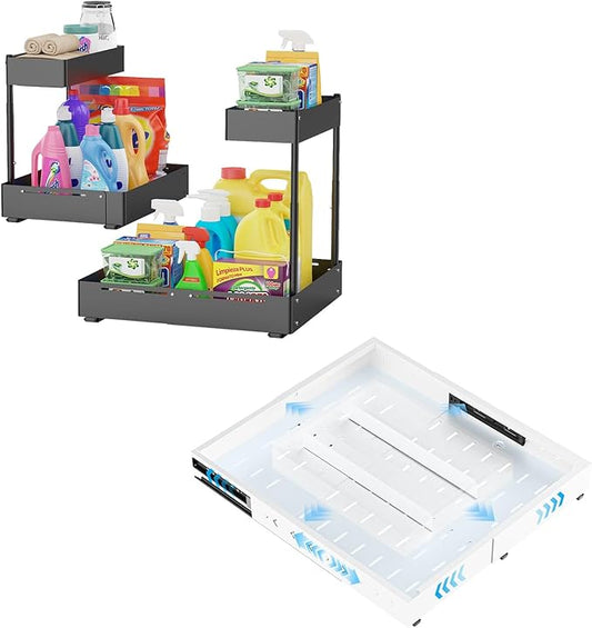 Insputer 2 Pack Under Sink Organizer with Pull Out Cabinet Organizer Expandable (12.4"-20.08") W & (16.26"-22.44") D
