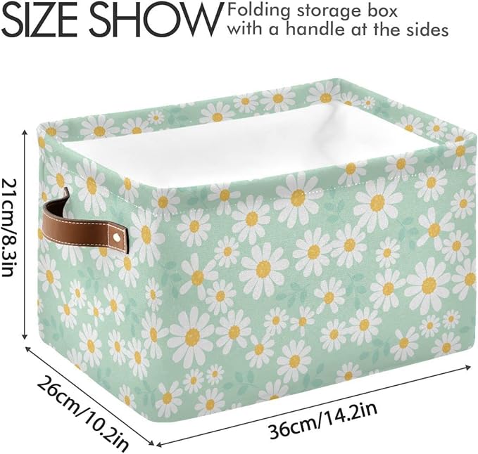 Daisy Flower Mint Green Rectangle Storage Basket Collapsible Storage Bin for Nursery Books Waterproof Baskets for Closet Shelves Bedroom Decor