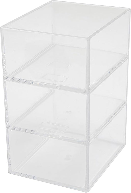 Martha Stewart Brody Desktop Storage Organizer, Stack and Slide Plastic Organizer Tray, Organizer for Office, Kitchen, or Vanity, 3" x 3.75", Clear