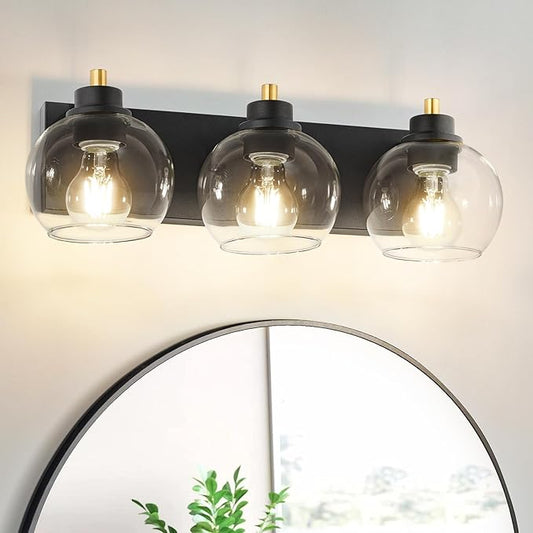 Tuscarora 3 Light Bathroom Vanity Light, Black and Gold Bathroom Light Fixtures Over Mirror, Modern Vanity Light with Clear Glass Shade, Black Wall Sconce for Mirror