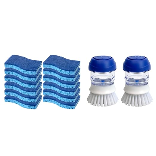 12 Pack Sponges for Kitchen, Dual Sided Scrub Heavy Duty and Dish Scrub Brush with Soap Dispense
