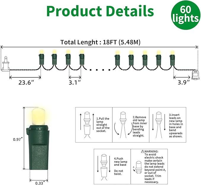 LAMPHOME 60 LED Christmas String Lights Outdoor/Indoor, Warm White String Light - LED Christmas Lights, Mini led Lights, Extendable Waterproof Fairy String Lights for Xmas Tree Holiday Party Garden