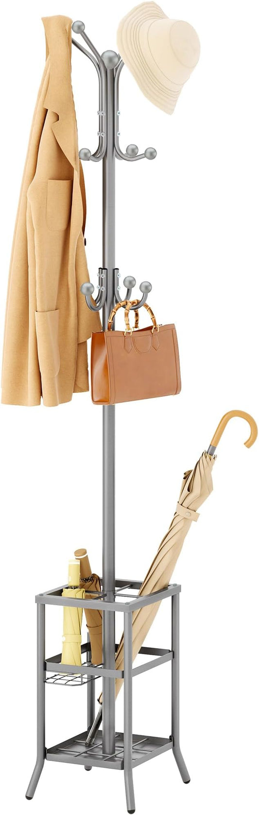 FAVOOSTY Coat Rack Freestanding,Coat Rack Stand with Umbrella Holder,Metal Coat Tree with 12 Hooks,Tree Clothes Hat for Entryway, Hallway, Bedroom, Living Room & Office - Silver Grey