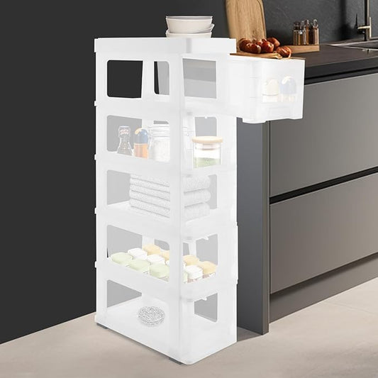 Narrow Plastic Drawers Cabinet, Multi-functional Plastic Tower Organizer with Wheels for Small Space Bathroom Bedroom Kitchen Offices Dormitory, 7 * 15 * 33in (White)