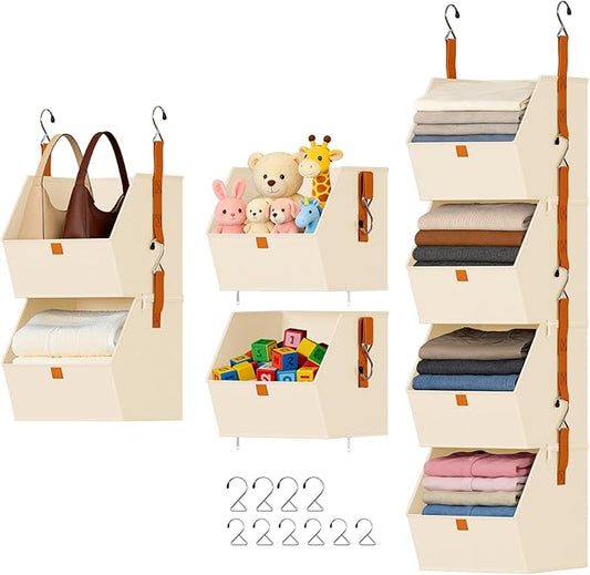 DIMJ Hanging Closet Organizer - 4 Tier Collapsible Hanging Shelves with Hooks Zipper, Fabric Clothes Organizer, Space-Saving Storage Bin Basket for RV, Bedroom, Laundry Organization