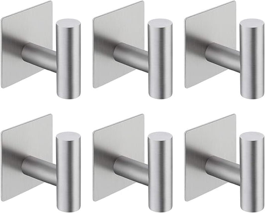 Towel Hook 6 Pack Adhesive Bathroom Robe Hooks, Sticky Coat Hooks for Hanging, Closet, Coat Hook SUS304 Stainless Steel Brushed, BTH7204-2-P6