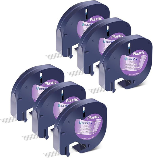 6 Pack Compatible for Dymo LetraTag Refills 16952 S0721530 Plastic Clear Label Tape 1/2'' 12mm x 4m for Letratag Label Maker Refill LT-100H LT-100T QX50 200B