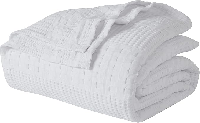VHC Brands 100% Cotton Waffle Weave Queen Blanket 90"x90", Decorative Lightweight Spring and Summer Throw Blanket, Bedroom Decor for Bed, Couch, or Sofa, White