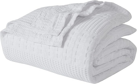 VHC Brands 100% Cotton Waffle Weave Queen Blanket 90"x90", Decorative Lightweight Spring and Summer Throw Blanket, Bedroom Decor for Bed, Couch, or Sofa, White