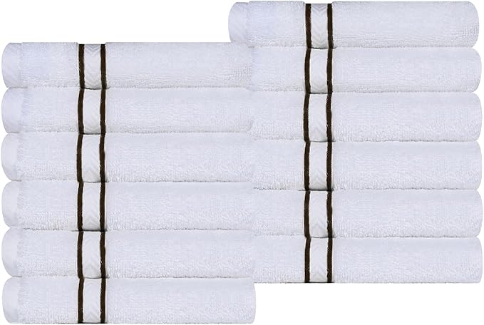 Superior Hotel Turkish Cotton 12 Piece Face Towel Set, Ultra Plush Spa Quality Heavyweight Essentials for Skincare, Thick Absorbent and Soft, Dobby Border, Includes 12 Washcloths, Chocolate