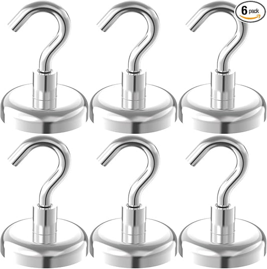 150lb Heavy Duty Magnetic Hooks with 1.42" Dia Magnetic Base - 6Pack, Neodymium Magnets with Hook for Kitchen, Workplace, Super Strong Cruise Magnet Hook for Hanging, Magnetic Hanger