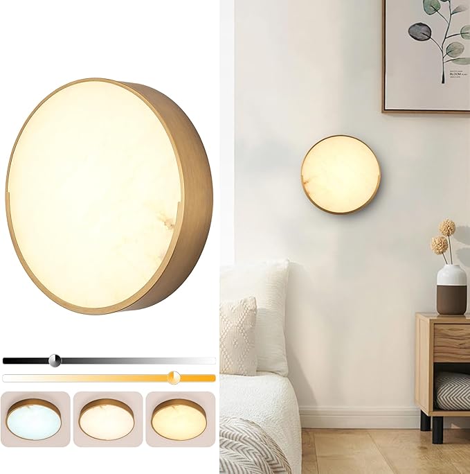 Round Antique Alabaster Wall Sconce, Natural Marble Wall Lighting Dimmable, LED Alabaster Wall Lamp for Living Room, Stair, Bedroom, Hallway, Bedside
