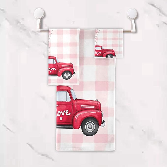 Pink Heart Truck Plaid Towels Set of 3 Romantic Love Car with Ballon Spring Bathroom Towel Soft Absorbent Bath Hand Towels Washcloth Guest Towel Sets Mother's ValentineDecorations