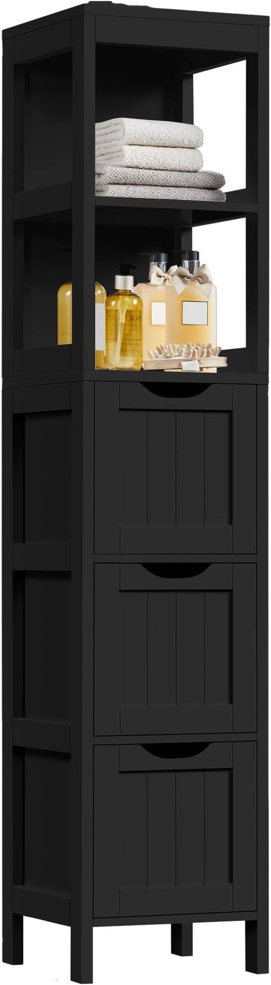Yaheetech 56”H Bathroom Storage Cabinet, Narrow Freestanding Floor Cabinet with 3 Drawers & 2 Shelves, Tall Slim Bathroom Organization for Living Room/Hallway/Small Space,Black