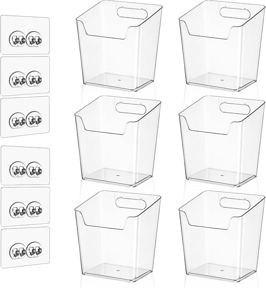 Clear Acrylic Pen Holder, 6 Pack Cabinet Door Organizer Adhesive, Bathroom Wall Mount Caddy Kitchen Plastic Storage Bin Box for Office Marker,Art Supply, Small Cleaning Supply, Seasoning Drink Packet