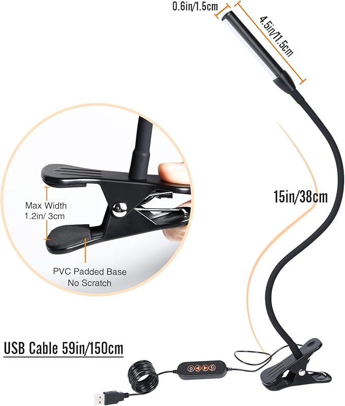 Clip on Reading Lamp, Clip Light, Warm & Daylight & White Light 3 Colors, Eye-Care Clamp Lamp with 10 Dimmable Illumination Modes