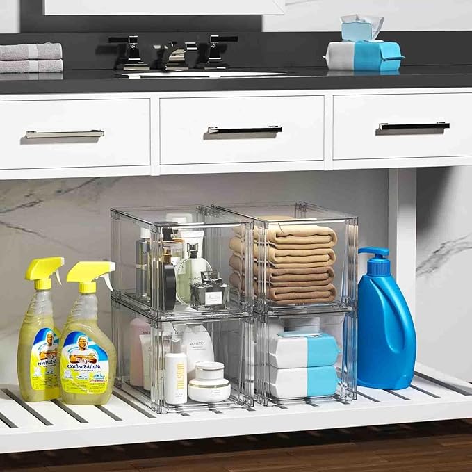 2Pack/4Pack Large-Capacity Stackable Storage Drawers for Organizer,Clear Acrylic Ample Bins,Easily Assemble,for Bathroom Closet/Kitchen Cabinets/Vanity/Undersink/Pantry Organization (2)