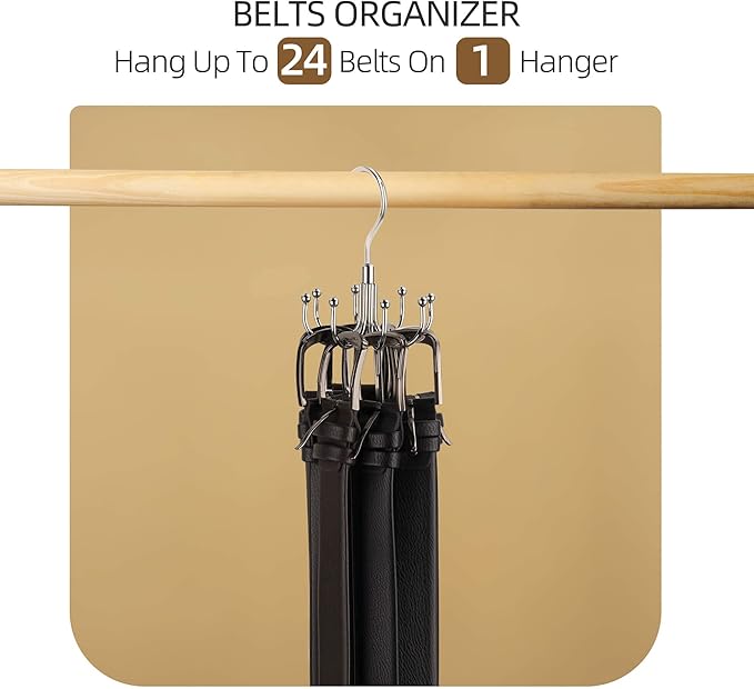 ZEDODIER 4 Pack Belt Organizer for Closet, Heavy-Duty Rotating Belt Hanger Rack Holds Multiple Belts, Hanging Space Saving Metal Belt Holder for Closet Storage, Silver