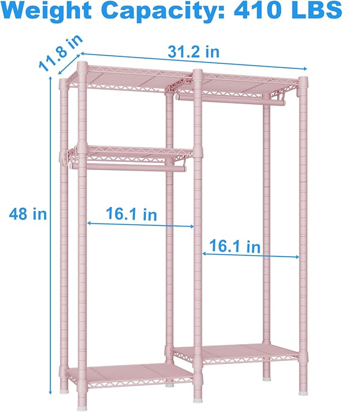 Ulif F1 Clothes Rack for Kids, Baby, Students, and Children's Room, 4 Tiers Portable Metal Closet Clothing Rack, Small Garment Rack with 2 Hanging Rod, 31.2" W x 11.8" D x 48" H, Pink