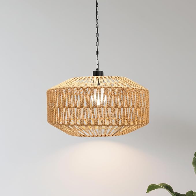 Farmhouse Chandelier Light Fixture, Rattan Boho Chandeliers, Hand Woven Pendant Light with Height Adjustable, Rustic Hanging Lighting for Living/Dining Room, Kitchen Island, Bedroom (Large)