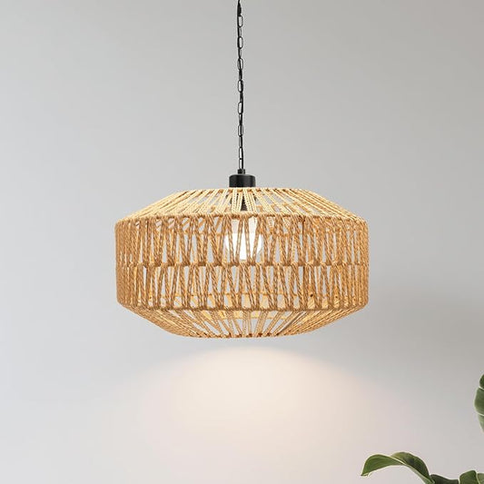Farmhouse Chandelier Light Fixture, Rattan Boho Chandeliers, Hand Woven Pendant Light with Height Adjustable, Rustic Hanging Lighting for Living/Dining Room, Kitchen Island, Bedroom (Large)