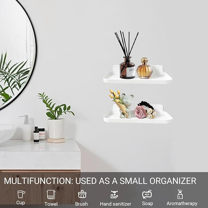 2 Pack Adhesive Floating Shelves No Drill Small Floating Shelf for Wall Storage Damage-Free Wall Mounted Organizer for Bathroom, Kitchen, Bedroom & Office (White)