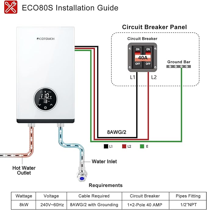 Tankless Hot Water Heater Electric, ECOTOUCH 8kW 240V Instant Water Heater Under Sink Point of Use Water Heaters on Demand with Self Modulating Technology ETL Certificated ECO80S White
