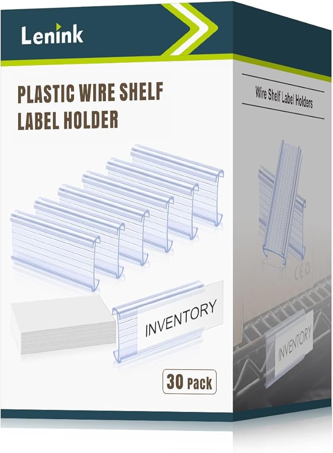 Lenink 30Pcs Wire Shelf Label Holders,Plastic Wire Rack Label Holder,Compatible with Metro 1-1/4in Shelves,Label Area 3in Lx1.25in H (Label Paper Insert Included)