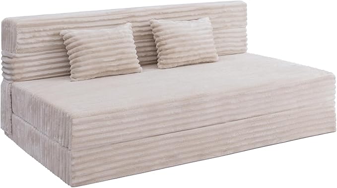 Folding Sofa Bed Queen Size, Convertible Sleeper Chair Loveseat with Pillow, Futon Chair Sofa Bed, Fold Out Floor Couch, Foldable Mattress for Living Room, Bedroom, Guest Room, Dorm, Beige