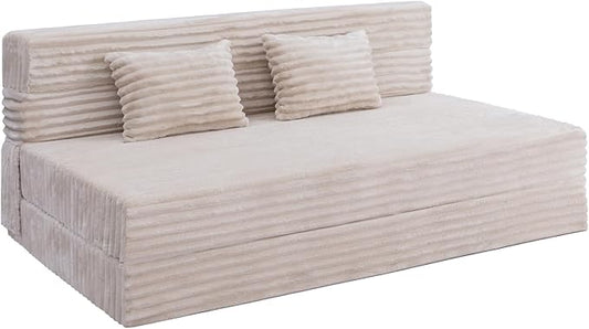 Folding Sofa Bed Queen Size, Convertible Sleeper Chair Loveseat with Pillow, Futon Chair Sofa Bed, Fold Out Floor Couch, Foldable Mattress for Living Room, Bedroom, Guest Room, Dorm, Beige
