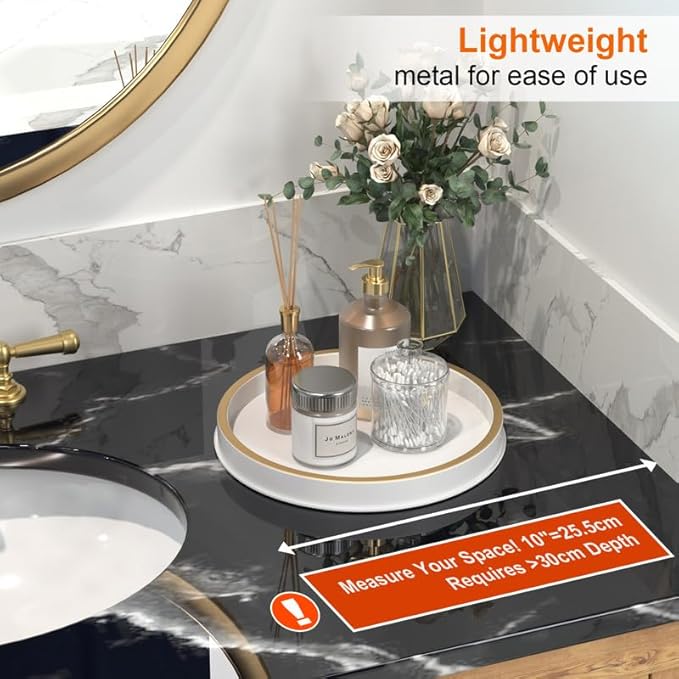 10" Small Gold and White Tray, Lightweight Metal Round Vanity Tray for Bathroom, Candle Holder for Living Room Decor